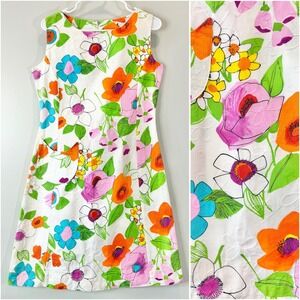 Vintage 1960s Shift Dress Flower Power Mod Hippie Cotton 60s Rainbow Medium
